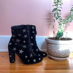 GUC Black Velvet High Heel Star Boots Silver Metallic Stars